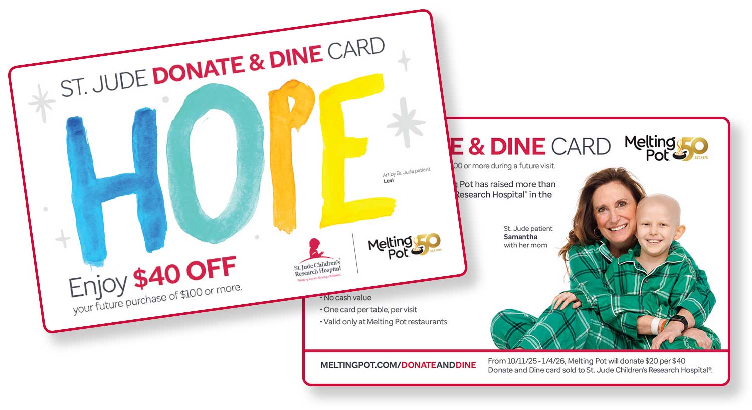 Both sides of 2025 Donate & Dine Card